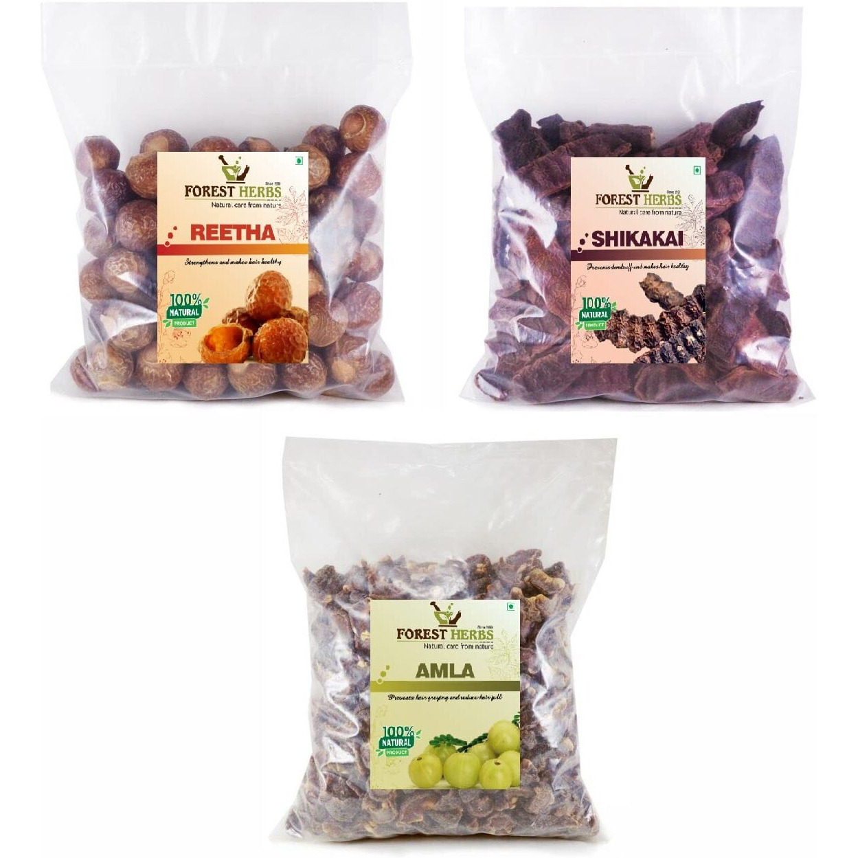 The Forest Herbs Natural Care From Nature Organic Whole Dried Amla, Reetha, Shikakai Raw Form for Hair Care Combo Each 200Gms