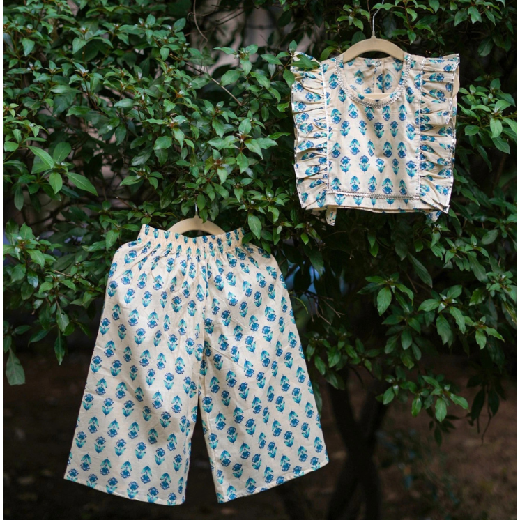 Veraa Cotton frill sleeves palazzo set-White