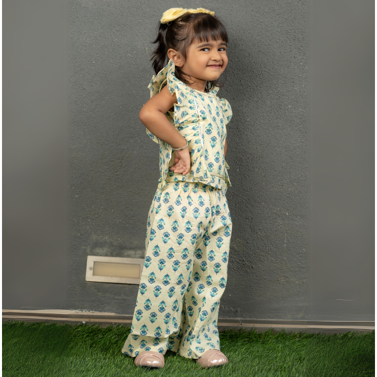 Veraa Cotton frill sleeves palazzo set-White