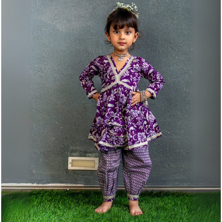 Veraa Cotton printed Afghani Alia Style Set-Violet