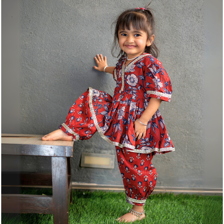 Veraa Cotton printed Afghani Set-Maroon