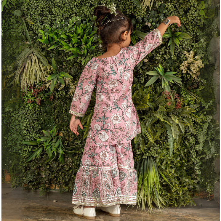 VeraA Cotton Kurta with Embroidered Sharara Pant Ethnic Set for Girls | Stylish Gotta Patti Lace Design | Perfect for Diwali and Weddings