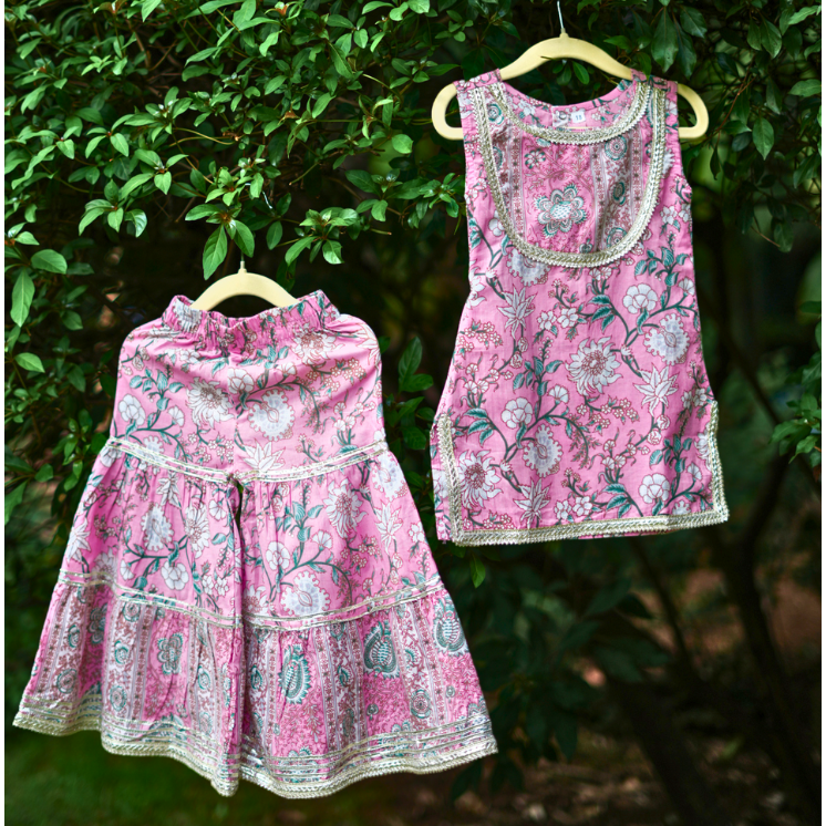 VeraA Cotton Kurta with Embroidered Sharara Pant Ethnic Set for Girls | Stylish Gotta Patti Lace Design | Perfect for Diwali and Weddings