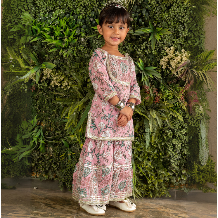 VeraA Cotton Kurta with Embroidered Sharara Pant Ethnic Set for Girls | Stylish Gotta Patti Lace Design | Perfect for Diwali and Weddings