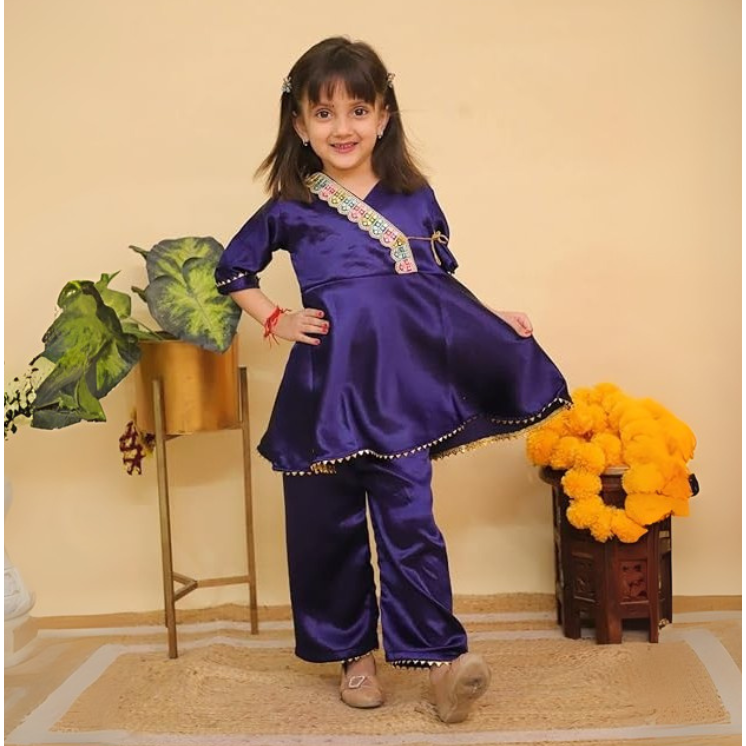 Girls Silk Blend Angrakha Kurta Set with Lace Detailing -Blue