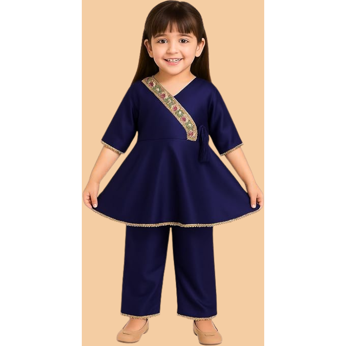 Girls Silk Blend Angrakha Kurta Set with Lace Detailing -Blue