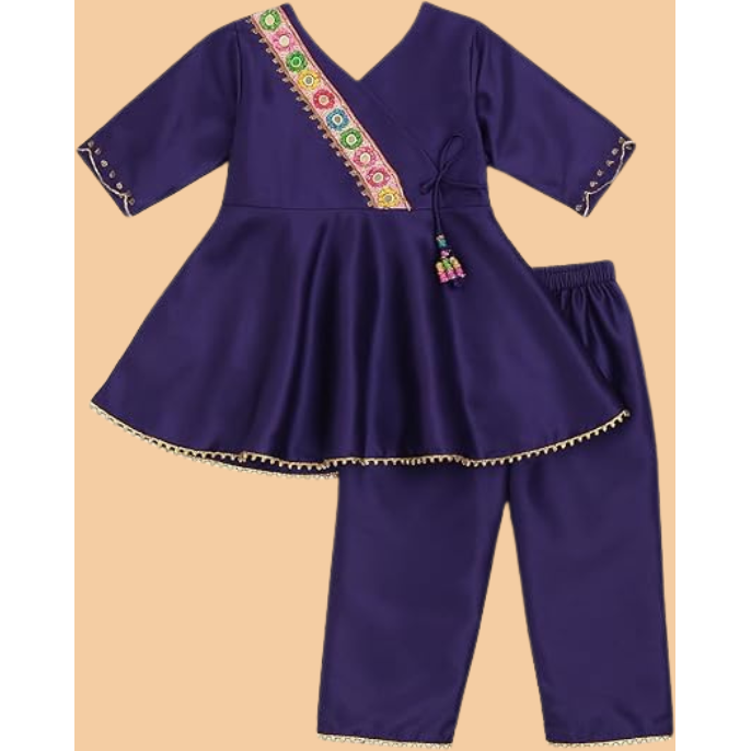 Girls Silk Blend Angrakha Kurta Set with Lace Detailing -Blue