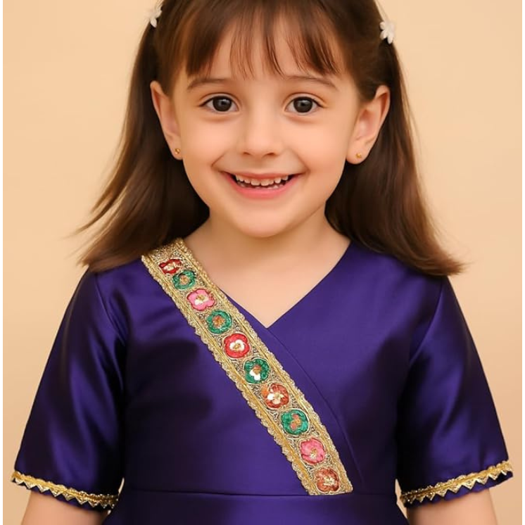 Girls Silk Blend Angrakha Kurta Set with Lace Detailing -Blue