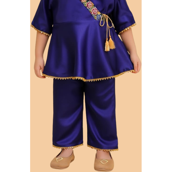 Girls Silk Blend Angrakha Kurta Set with Lace Detailing -Blue