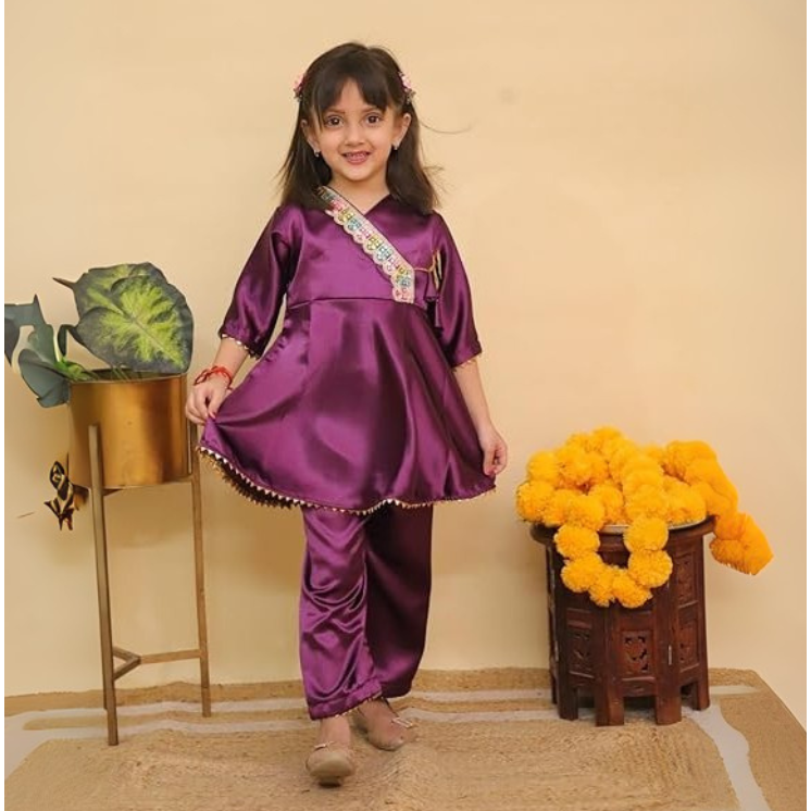Girls Silk Blend Angrakha Kurta Set with Lace Detailing -Purple