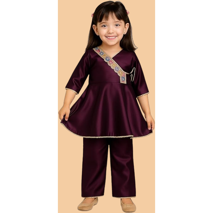 Girls Silk Blend Angrakha Kurta Set with Lace Detailing -Purple