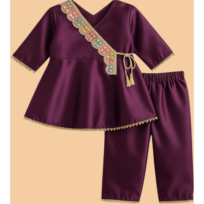 Girls Silk Blend Angrakha Kurta Set with Lace Detailing -Purple