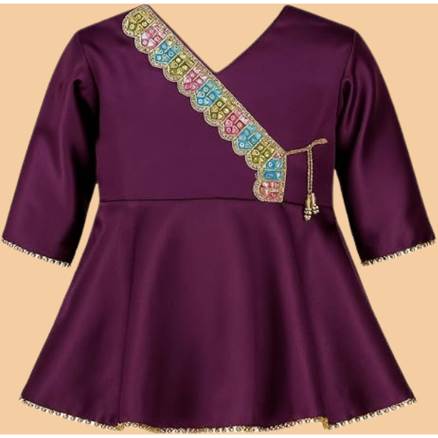 Girls Silk Blend Angrakha Kurta Set with Lace Detailing -Purple