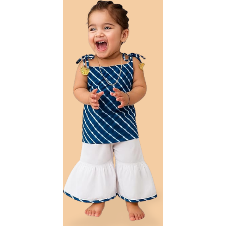 Sleeveless Leheriya Kurti and White Sharara Set for Girls - Cotton Ethnic Dress with Sharara Pant & Tassel Straps
