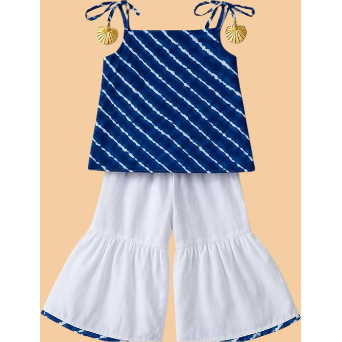 Sleeveless Leheriya Kurti and White Sharara Set for Girls - Cotton Ethnic Dress with Sharara Pant & Tassel Straps
