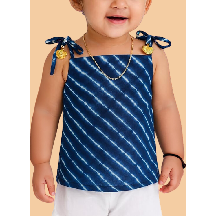 Sleeveless Leheriya Kurti and White Sharara Set for Girls - Cotton Ethnic Dress with Sharara Pant & Tassel Straps