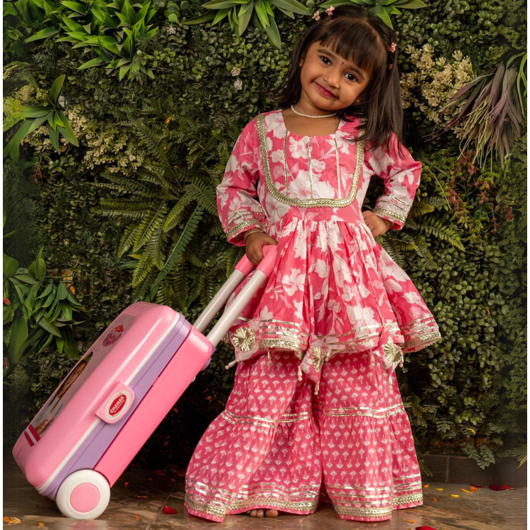 Veraa Cotton 3/4th sleeves printed sharara set with Gotta Patti Lace design-Pink