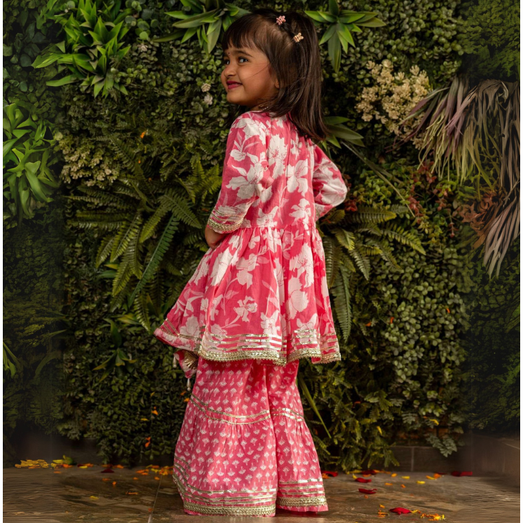 Veraa Cotton 3/4th sleeves printed sharara set with Gotta Patti Lace design-Pink