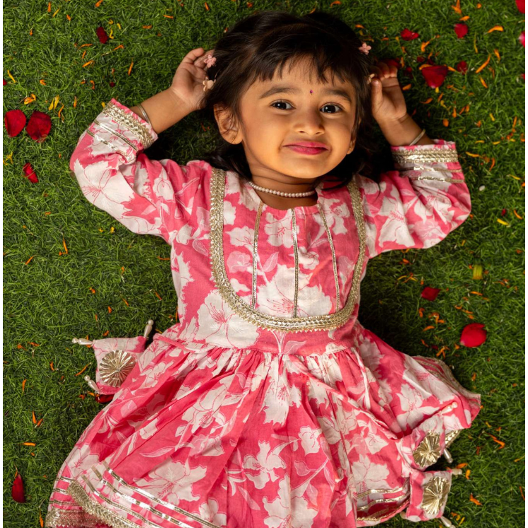 Veraa Cotton 3/4th sleeves printed sharara set with Gotta Patti Lace design-Pink