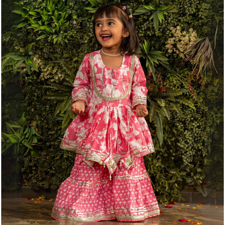 Veraa Cotton 3/4th sleeves printed sharara set with Gotta Patti Lace design-Pink