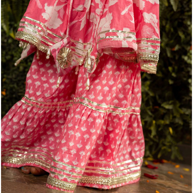 Veraa Cotton 3/4th sleeves printed sharara set with Gotta Patti Lace design-Pink