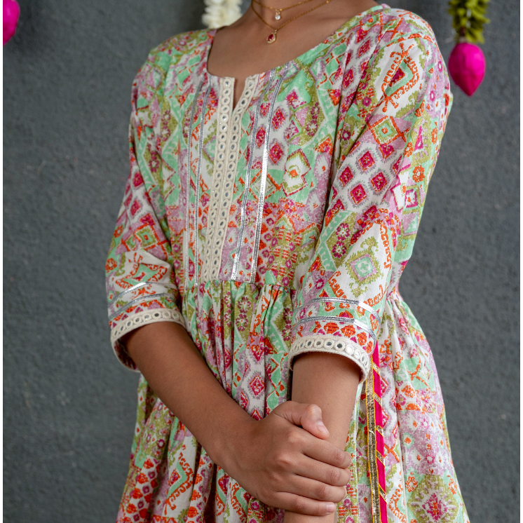 Veraa Cotton printed Sharara Set with Gotta Patti Lace design-White