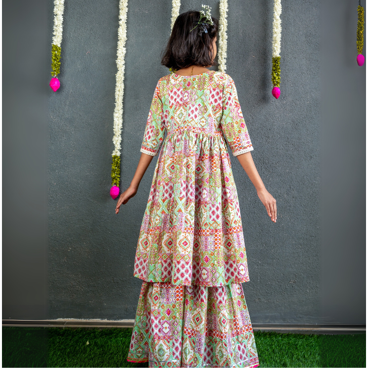 Veraa Cotton printed Sharara Set with Gotta Patti Lace design-White