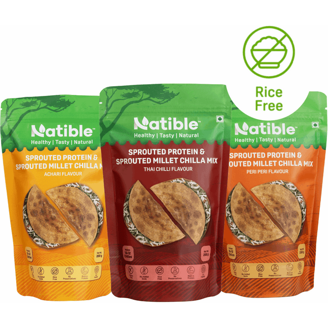 Sprouted Protein and Sprouted Millet Chilla Mix - Combo Pack of 3 (Achari, Thai Chilli &amp Peri Peri Flavour)
