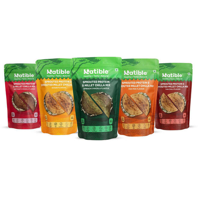 Sprouted Protein and Sprouted Millet Chilla Mix - Combo Pack of 5 (Beetroot, Spinach, Achari, Thai Chilli &amp Peri Peri Flavour)