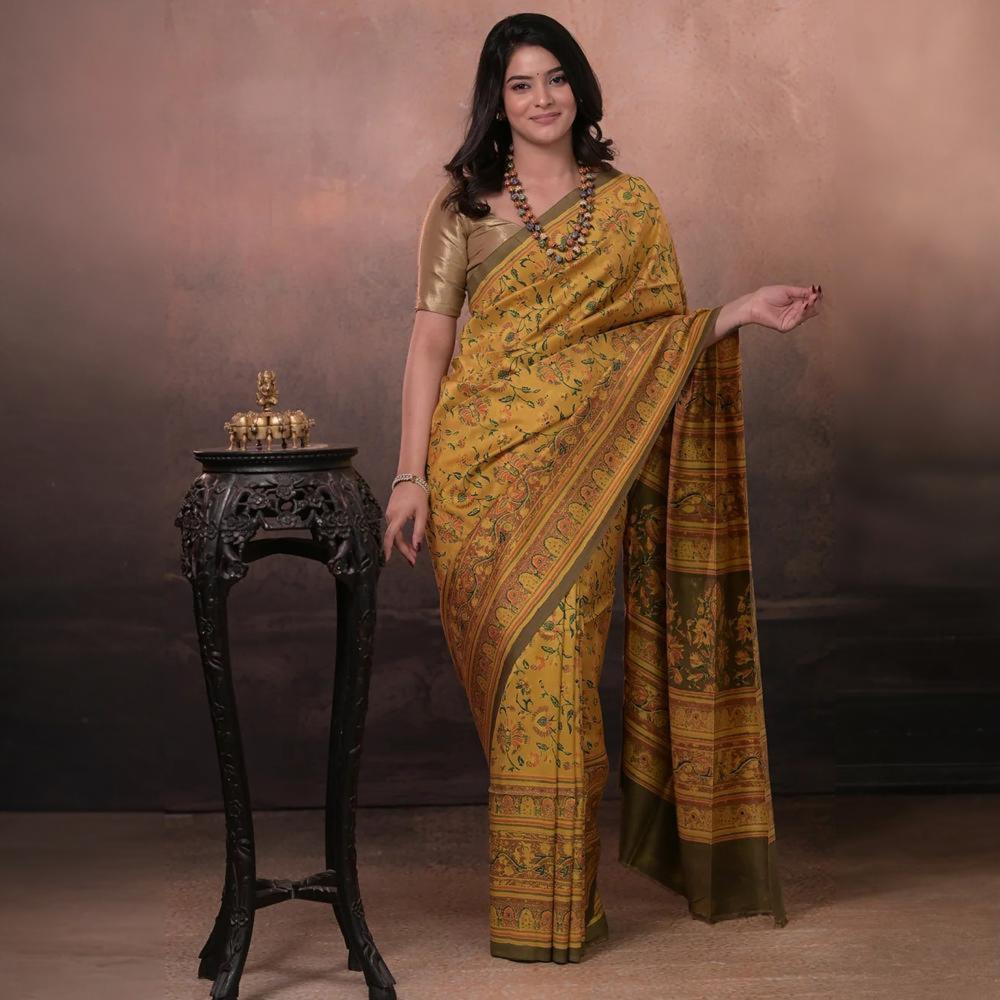 Ushraa - Yellow And Olive Handcrafted Ajrakh Saree In Pure Silk