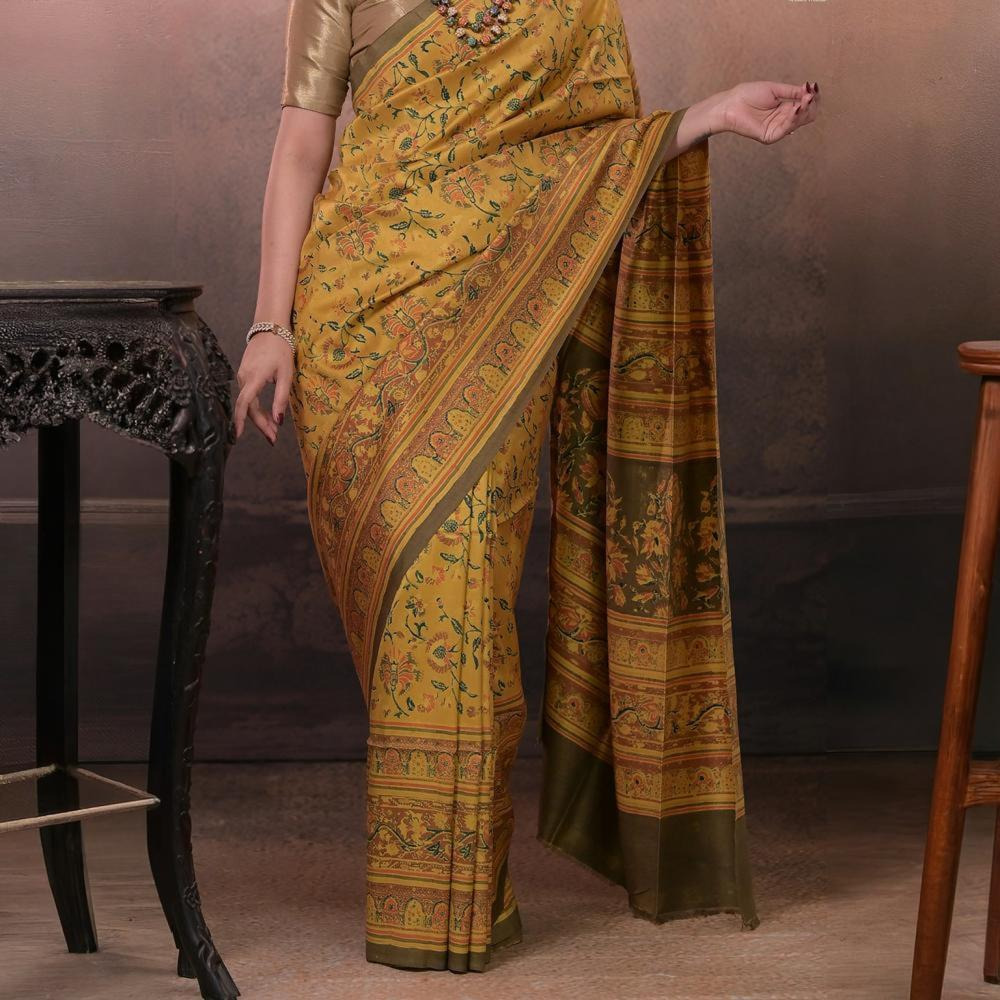 Ushraa - Yellow And Olive Handcrafted Ajrakh Saree In Pure Silk