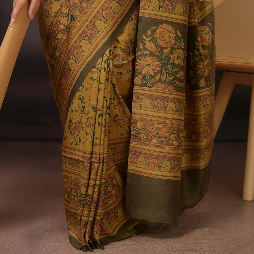 Ushraa - Yellow And Olive Handcrafted Ajrakh Saree In Pure Silk