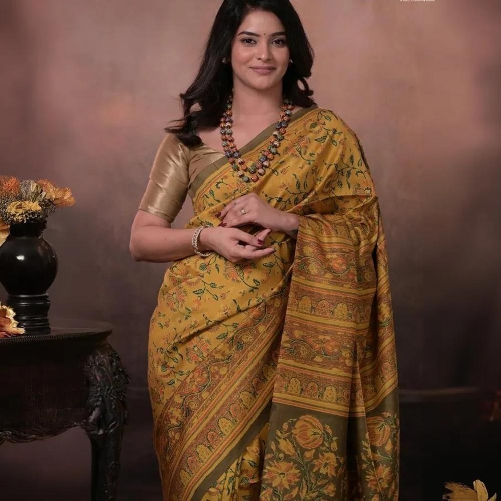 Ushraa - Yellow And Olive Handcrafted Ajrakh Saree In Pure Silk