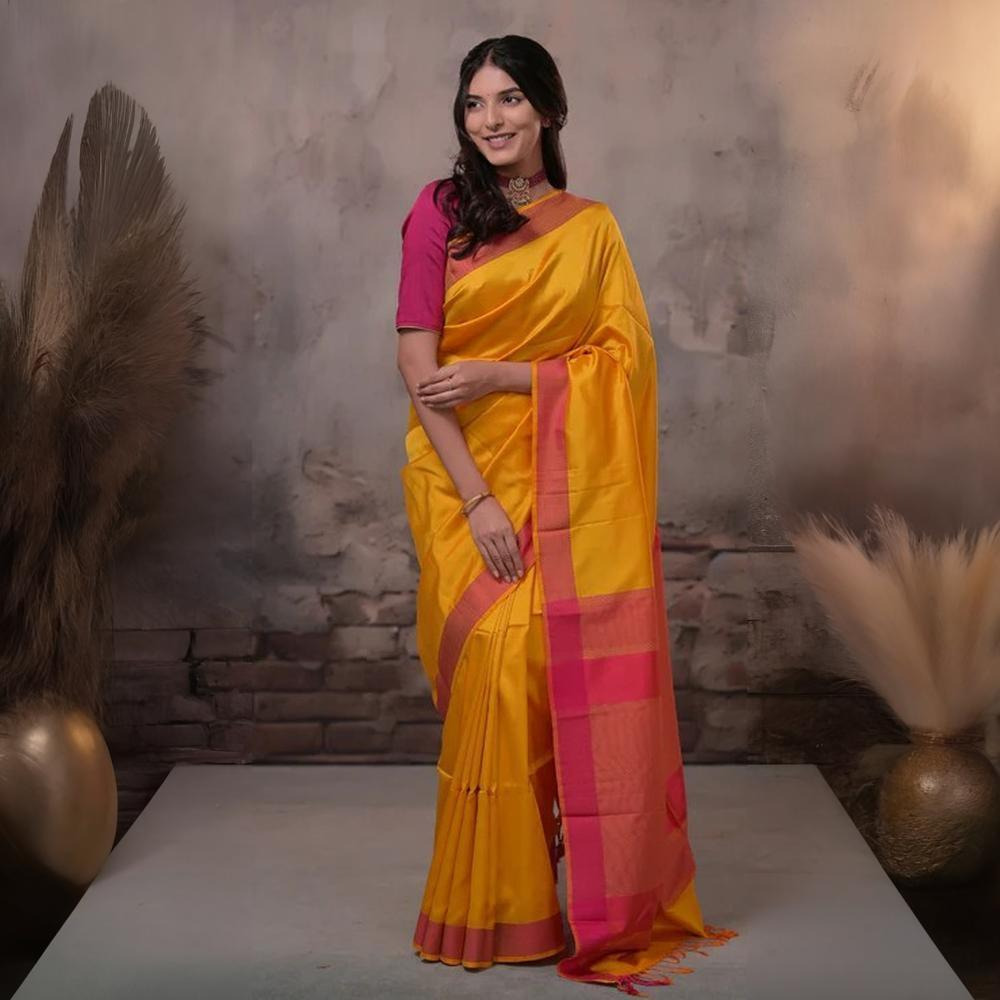 Narmaa - Orange Shot Pink (Sunrise Yellow) With Rani Pink Resham Lehar Border