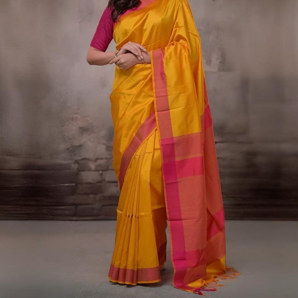 Narmaa - Orange Shot Pink (Sunrise Yellow) With Rani Pink Resham Lehar Border
