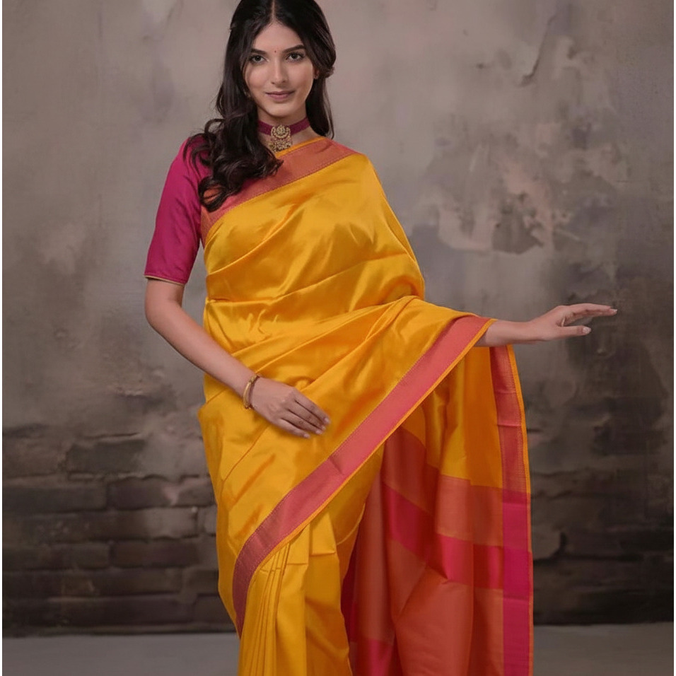 Narmaa - Orange Shot Pink (Sunrise Yellow) With Rani Pink Resham Lehar Border
