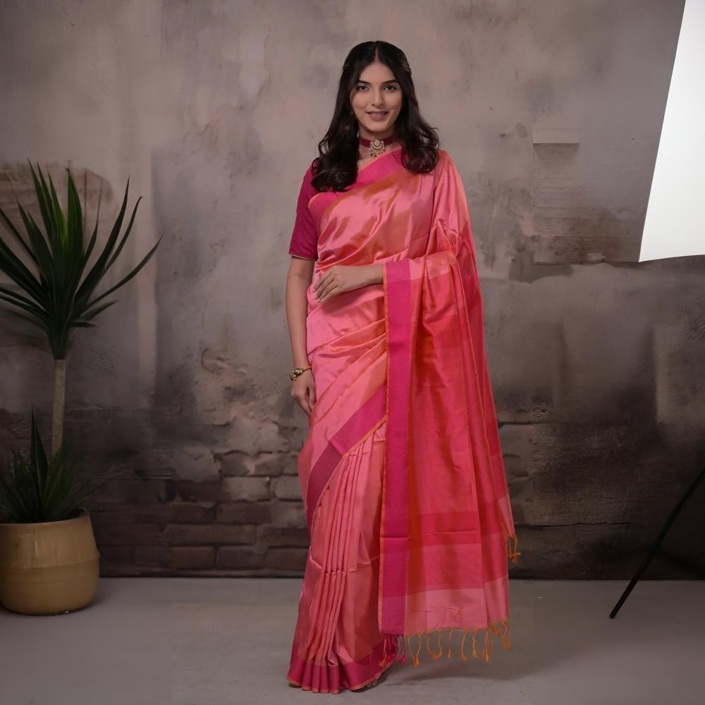 Narmaa - Orange Shot Pink (Peachish Pink) With Rani Pink Resham Lehar Border