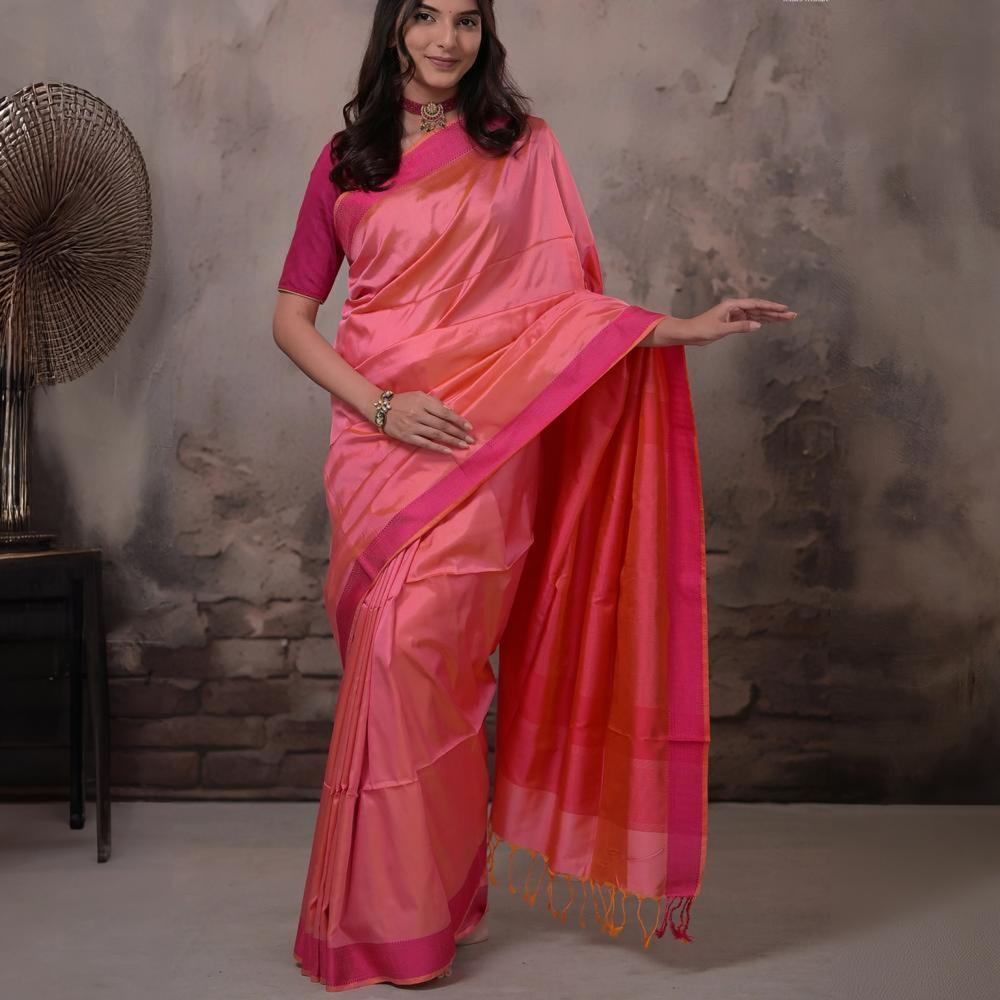 Narmaa - Orange Shot Pink (Peachish Pink) With Rani Pink Resham Lehar Border