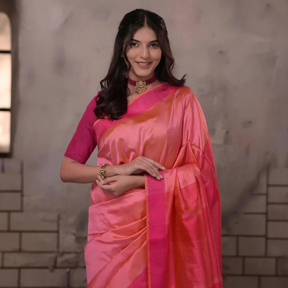 Narmaa - Orange Shot Pink (Peachish Pink) With Rani Pink Resham Lehar Border