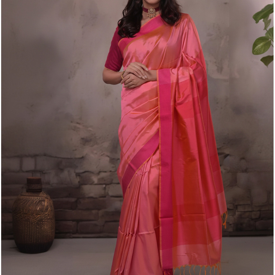 Narmaa - Orange Shot Pink (Peachish Pink) With Rani Pink Resham Lehar Border