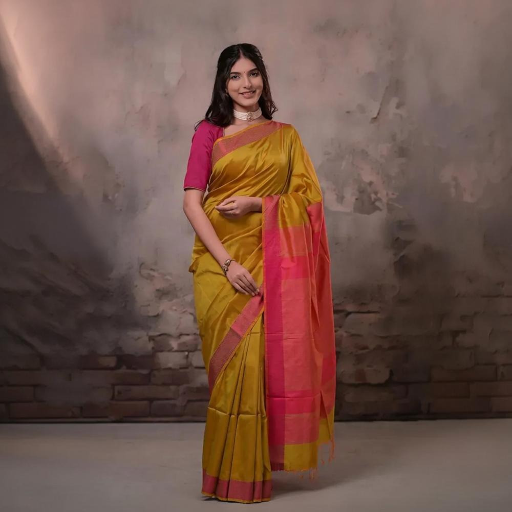 Narmaa - Orange Shot Pink (Green) With Rani Pink Resham Lehar Border