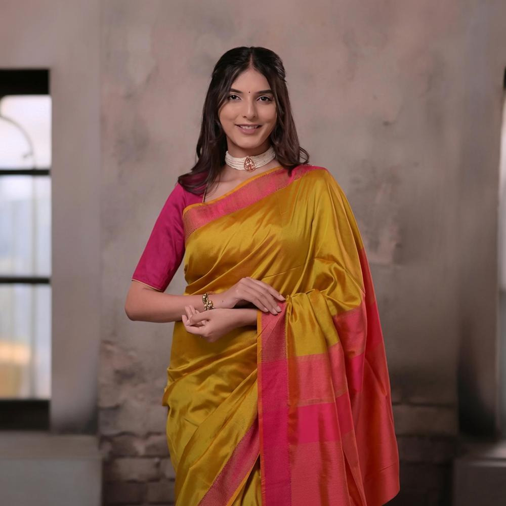 Narmaa - Orange Shot Pink (Green) With Rani Pink Resham Lehar Border