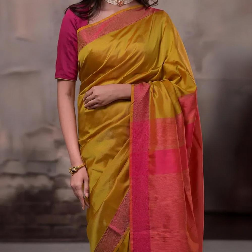 Narmaa - Orange Shot Pink (Green) With Rani Pink Resham Lehar Border