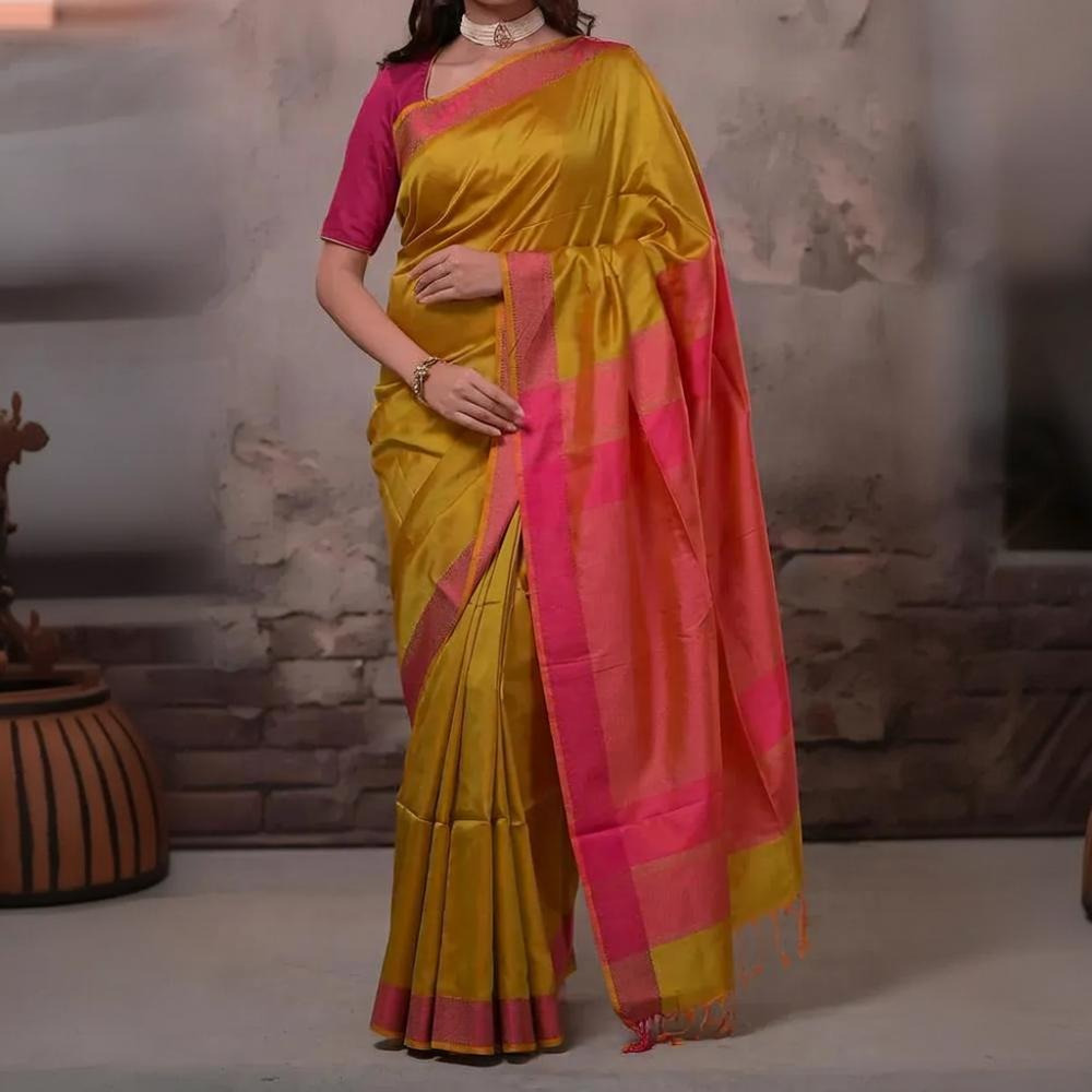 Narmaa - Orange Shot Pink (Green) With Rani Pink Resham Lehar Border