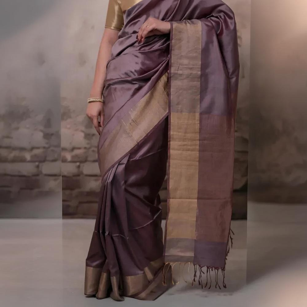 Narmaa - Wine Handwoven Pure Silk Saree With Plain Gold Zari Border