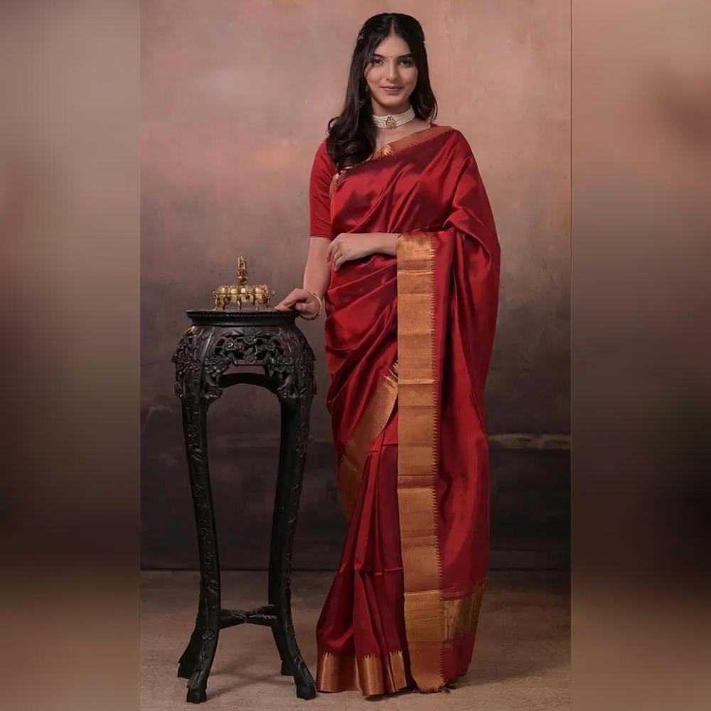 Bhadra - Reddish Maroon Plain Handwoven Silk Saree With Gold Zari Border