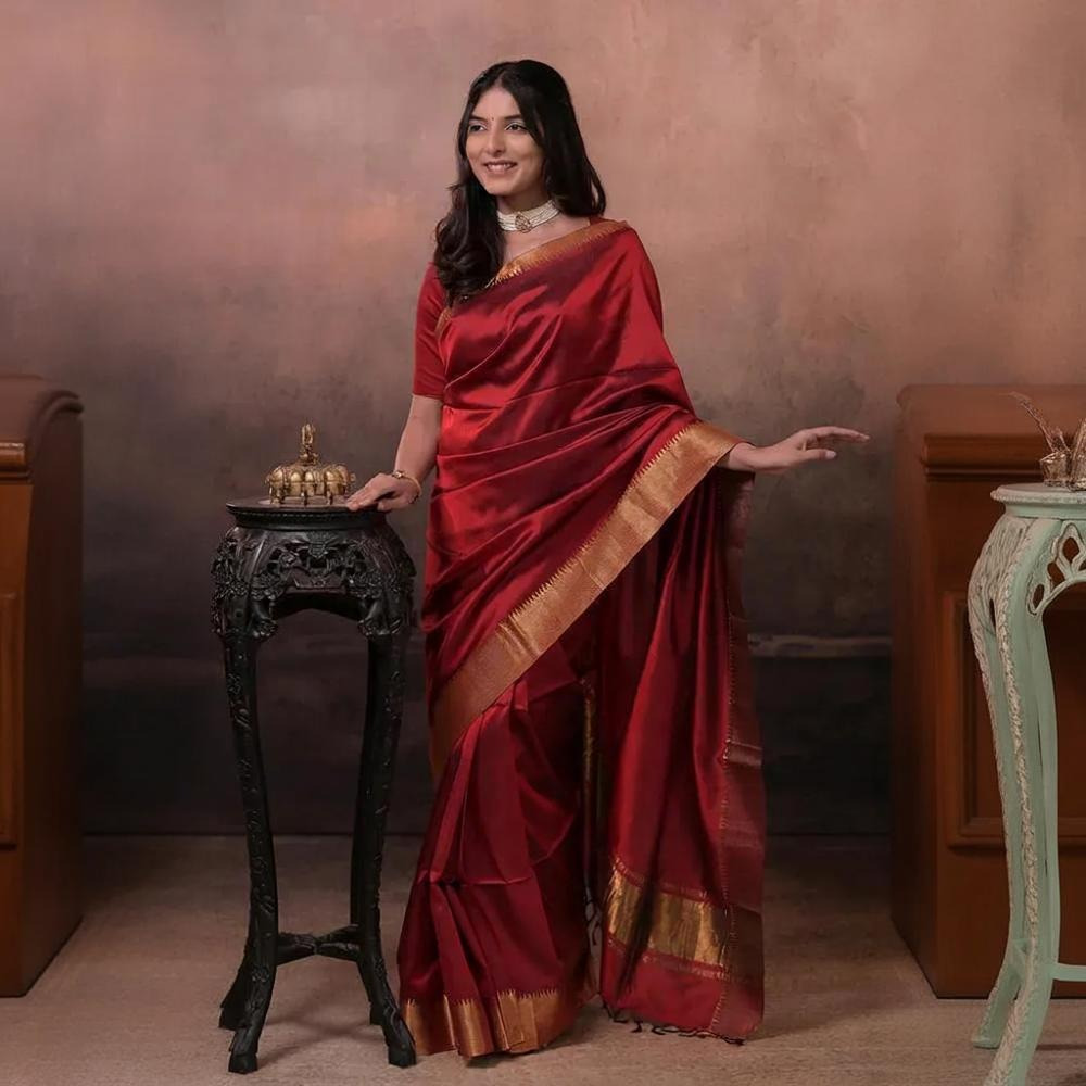 Bhadra - Reddish Maroon Plain Handwoven Silk Saree With Gold Zari Border