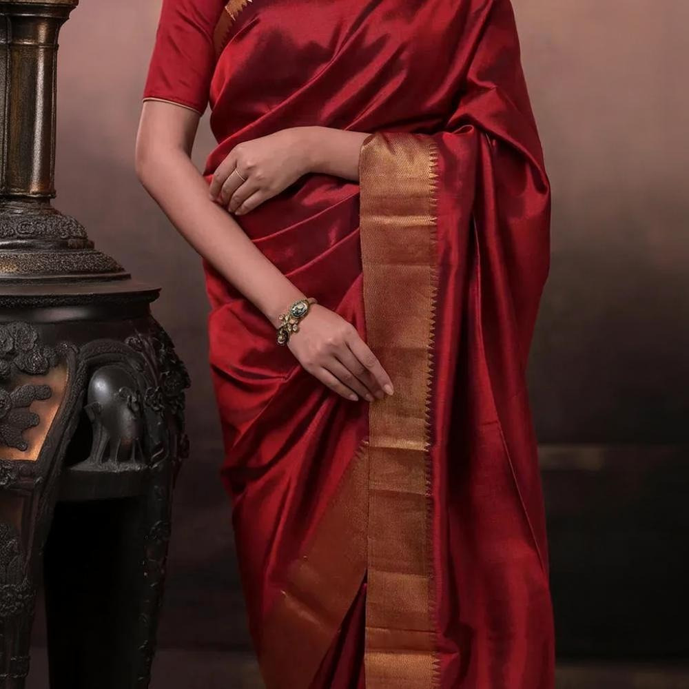 Bhadra - Reddish Maroon Plain Handwoven Silk Saree With Gold Zari Border