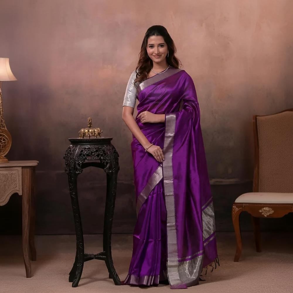 Bhadra - Violet Plain Handwoven Silk Saree With Silver Zari Border