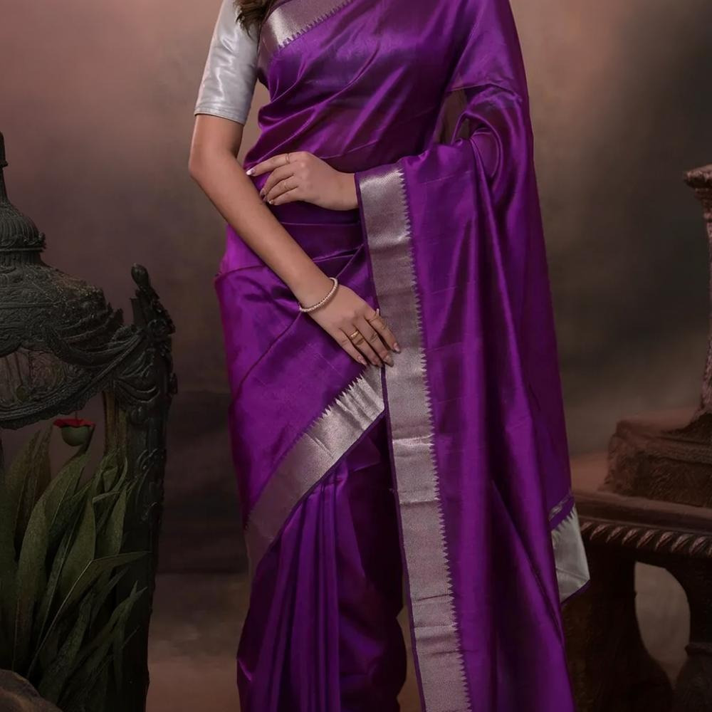 Bhadra - Violet Plain Handwoven Silk Saree With Silver Zari Border